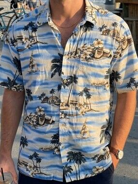 Pierre Cardin Blue and Cream Hawaiian Print Button-Down Shirt